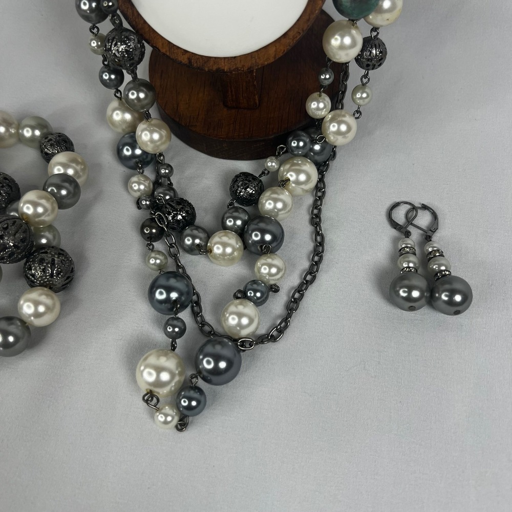 Y2K Beaded Jewelry Set Multi Strand Necklace Stretch Bracelet Set Dangle Earring - Picture 6 of 8